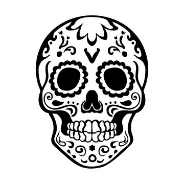 Linear hand drawn decorated Calavera with intricate designs symbolizing the Day of the Dead's celebration of life and remembrance. Dia de los Muertos sugar skull, calaca outline art as tattoo, logo