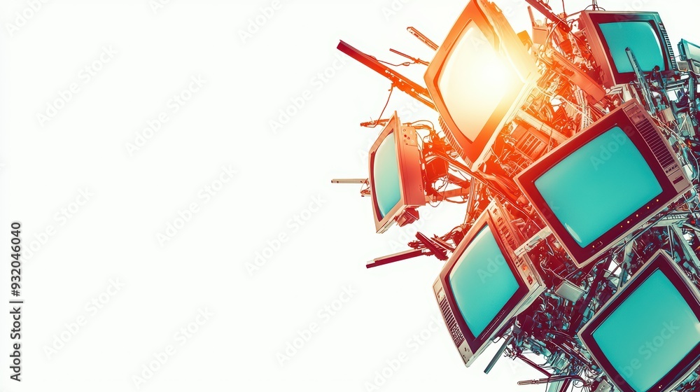 Poster a cluster of vintage television sets creating an artistic and dynamic display. perfect for technolog