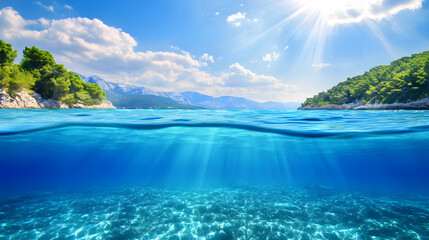 Bright sunny day over clear blue water with rocky coastline and green hills in the background