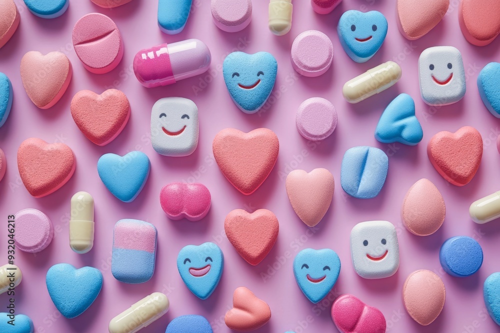 Poster a vibrant abstract pattern of various colorful tablets and capsules symbolizing the diversity creati