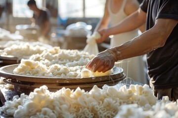 Silk workers handling delicate silk cocoons, carefully sorting them for the reeling process in a sunlit workshop