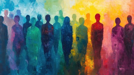 An abstract painting features a cluster of vibrant, indistinct figures in a spectrum of colors