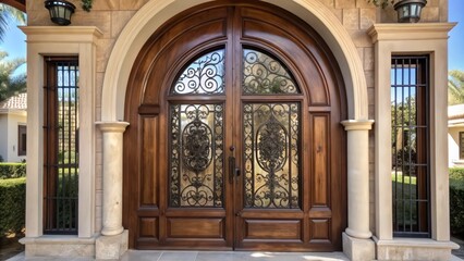 Ornate Double Doors with Arched Windows and Iron Grilles