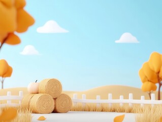 Crisp October air surrounding a stack of hay bales, ready for a countryside journey, illustration, rustic charm and relaxation.