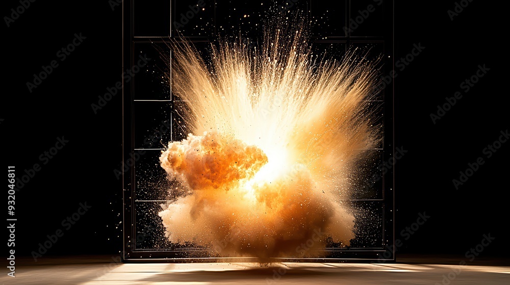 Poster a dramatic explosion burst with fiery clouds and dust, creating an intense visual impact against a d