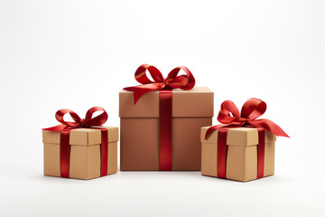 generated illustration of  brown paper gift box red bow ribbon white background.
