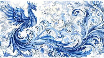 Fototapeta premium Blue Phoenix in Floral Ornament