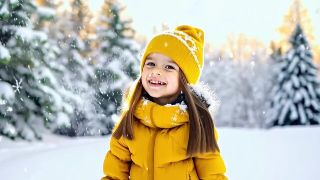 Happy Young Girl in Yellow Winter Jacket and Hat Enjoying Snowy Day in Forest. Concept of Childhood Joy, Winter Fun, Outdoor Activities, Snowy Forest Adventure.