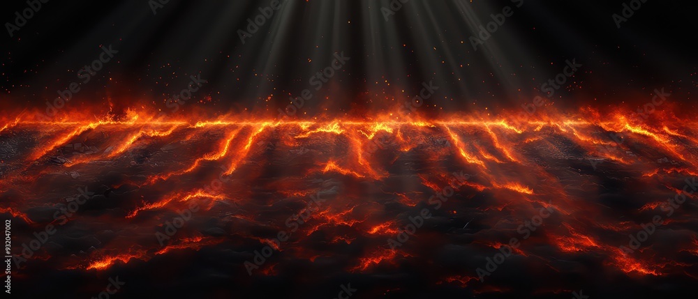 Poster a dramatic landscape featuring flowing lava illuminated by rays of light, creating a mesmerizing vis