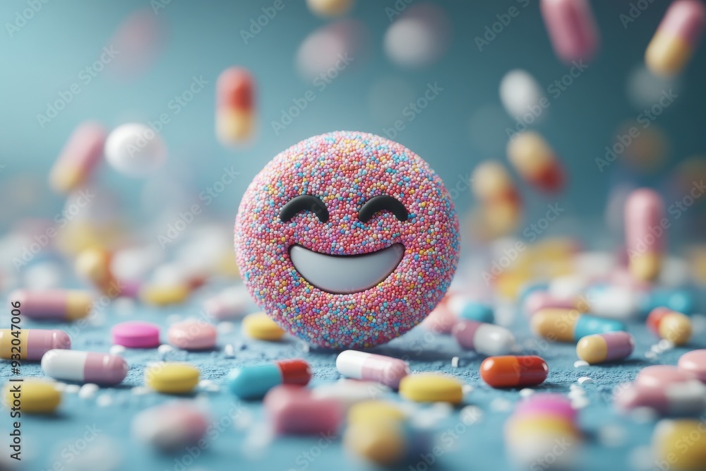 Poster dreamlike scene of a smiling pill surrounded by a shower of colorful tablets and capsules capturing 
