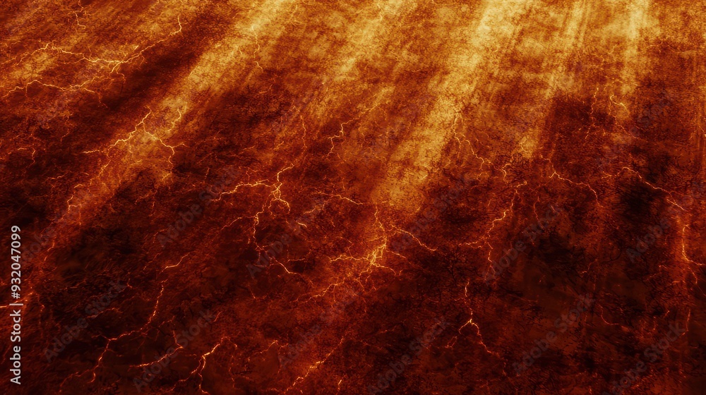 Poster a dramatic surface texture showcasing warm, fiery patterns with radiant light beams creating a strik