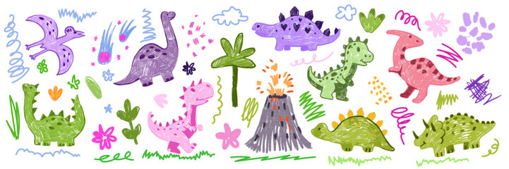 Kids doodle dino set, vector color pencil dinosaur illustration, cartoon childish cute monster plant. Hand drawn naive scribble funny prehistorical characters, flowers, clouds, volcano. Doodle dino © Oleksandra