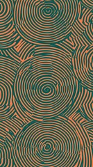 Fototapeta premium Green Shapes, Circles, Spiral on Orange Background, Abstract Image, Texture, Pattern, Wallpaper, Cover and Screen of Smartphone, Cell Phone, Computer, Laptop, 9:16 and 16:9 Format