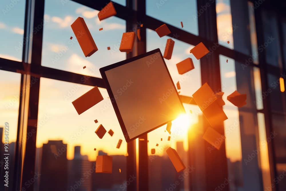 Poster a dynamic display of abstract elements against a sunset backdrop, showcasing creativity and modern d
