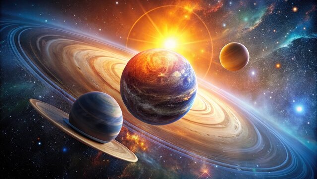 Cosmic ballet unfolds as three planets in close proximity dance around a glowing sun, their orbits intertwining in a mesmerizing gravitational waltz.