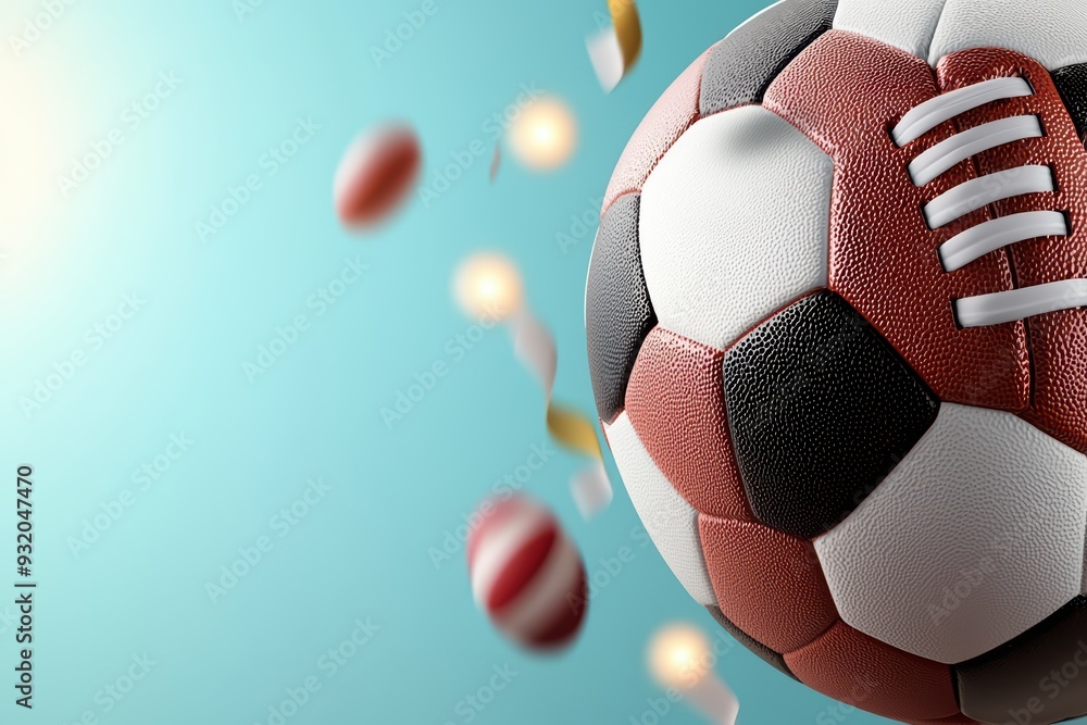 Poster a dynamic soccer ball in motion, capturing the excitement of the game with vibrant colors and festiv