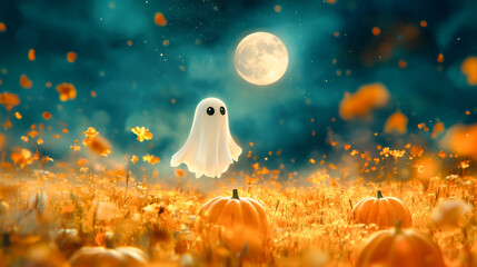 A charming ghost drifts peacefully in the night sky, surrounded by glowing pumpkins and a radiant full moon casting a magical glow