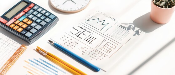 Obraz premium A flat lay of office supplies including a calculator, graph paper, and colorful pencils showcasing a productive workspace.