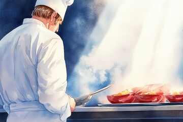 A focused chef prepares a gourmet dish in a modern kitchen, showcasing culinary skills and vibrant ingredients.