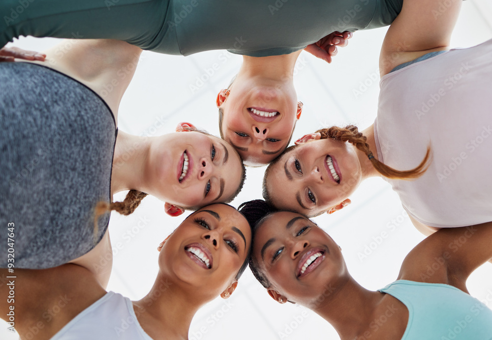 Sticker Women, huddle and yoga group portrait in health, wellness and fitness studio with smile from below. Diversity, bonding and girl friends with workout class and happy together with support and care