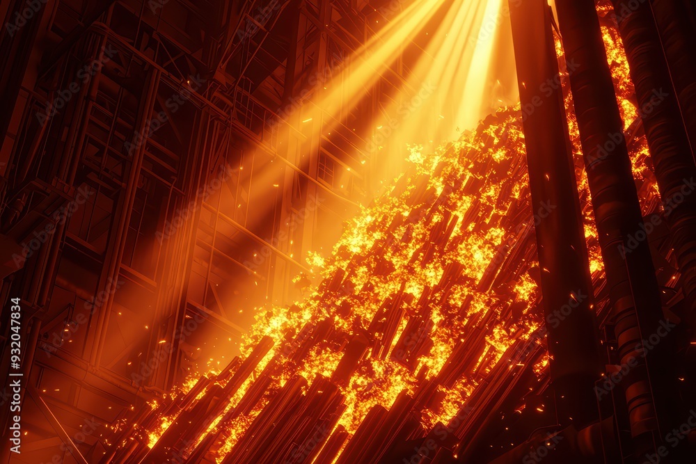 Poster a mesmerizing display of flames illuminated by rays of light, creating a dramatic industrial atmosph