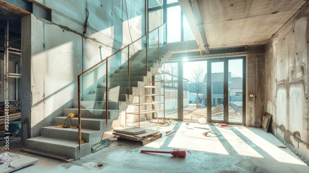 Poster A newly constructed staircase is illuminated by sunlight, surrounded by tools and materials in a stylish yet unfinished apartment setting