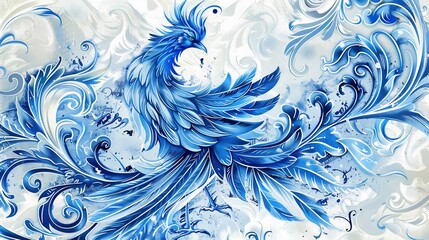Blue Phoenix with Ornamental Background