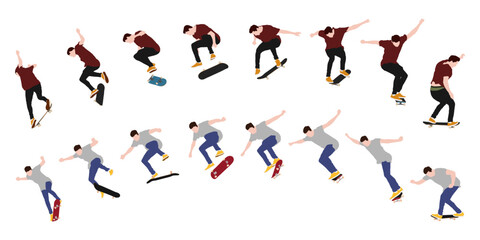 Dynamic sequence of male skateboarder performing mid-air trick. Frame-by-frame image of skate trick. Flat silhouette vector illustration. Fluid motion and athletic skateboarding skill	