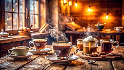 Cozy cafe setting with a rustic wooden table surrounded by steaming cups, delicate glasses, and a sprinkling of sugar packets, inviting warmth and comfort.