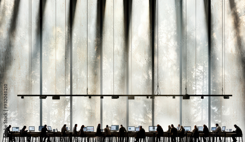 Poster a modern workspace featuring silhouettes of people working at long tables with natural light filteri