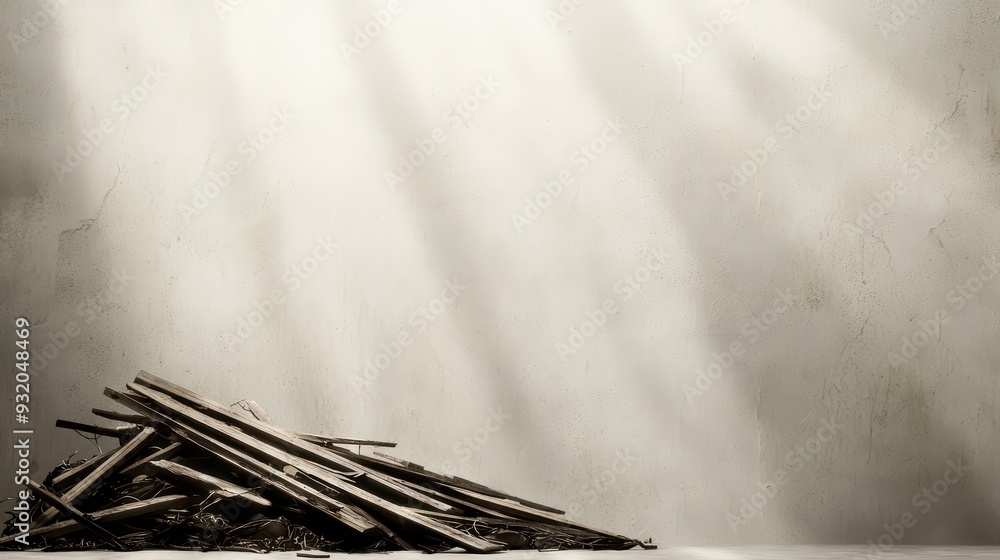 Poster a rustic pile of wooden logs on a textured surface, illuminated by soft light beams, creating a warm