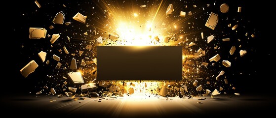 A powerful explosion radiating golden light, with debris scattering in all directions, showcasing energy and dynamism.