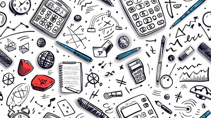 A seamless pattern filled with doodles of calculators, math symbols, and geometric shapes, arranged in a lively and energetic composition, bright and bold colors, on a soft beige background,