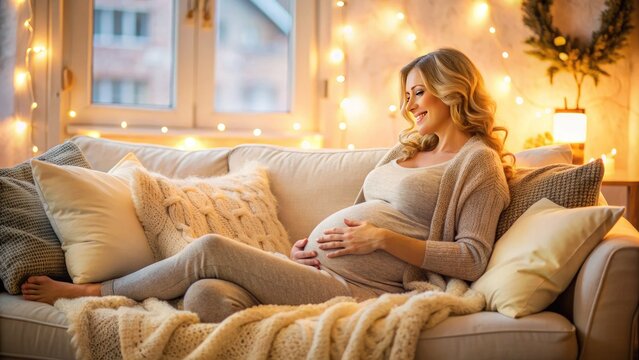 Cozy expecting mother relaxes on a plush couch, surrounded by soft pillows and blankets, with a warm glow of natural light illuminating her serene atmosphere.