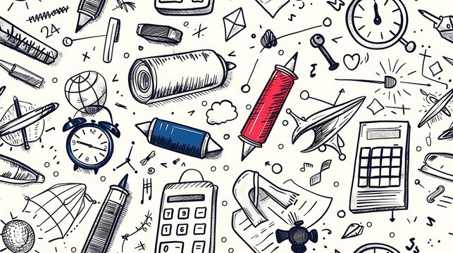 A seamless pattern filled with doodles of calculators, math symbols, and geometric shapes, arranged in a lively and energetic composition, bright and bold colors, on a soft beige background,