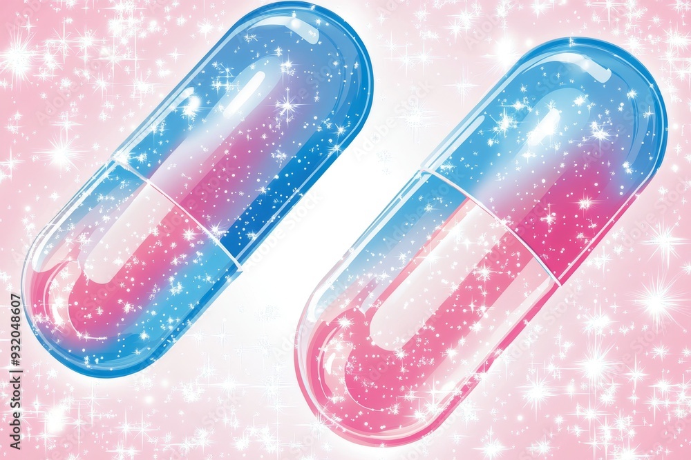 Poster sparkling pink and blue capsule pills on a bright background emphasizing the magical and futuristic 