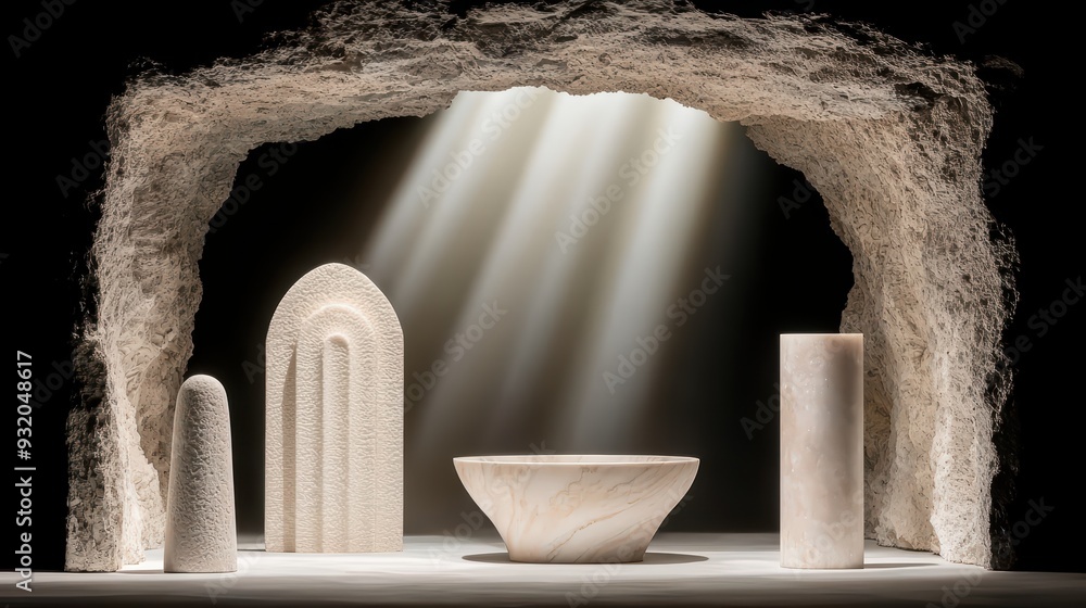 Poster a serene composition of abstract stone sculptures illuminated by beams of light, creating a tranquil