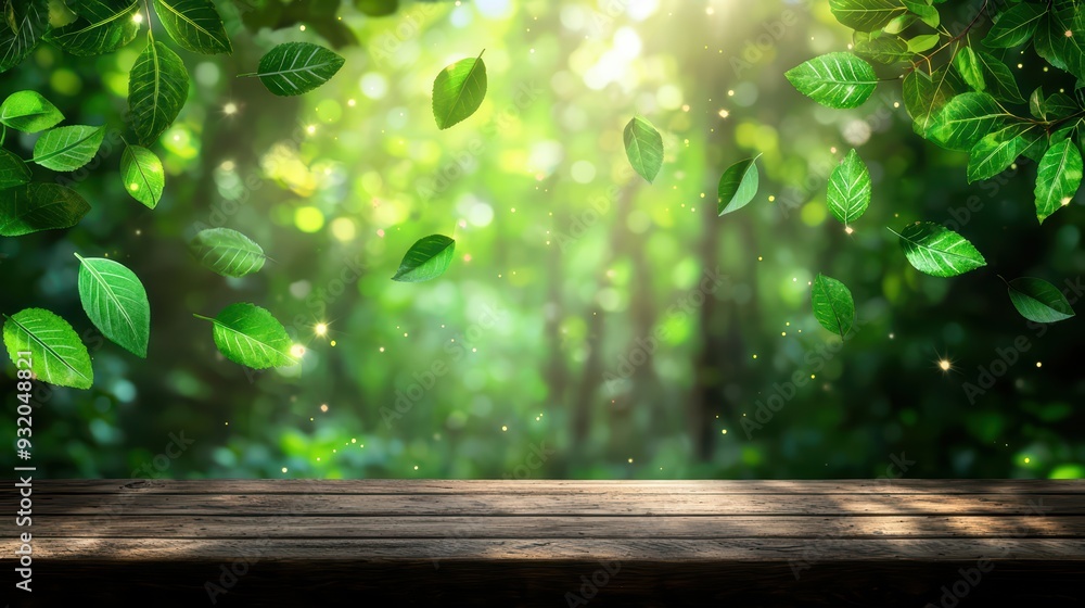 Poster a serene forest scene with soft sunlight filtering through vibrant green leaves, creating a peaceful