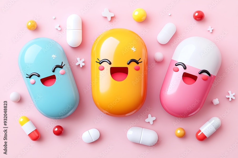 Poster bright and cheerful pastel colored pill characters with smiling faces representing the joy and posit