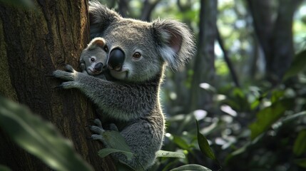 Fototapeta premium Koala Mother and Baby Embracing a Tree