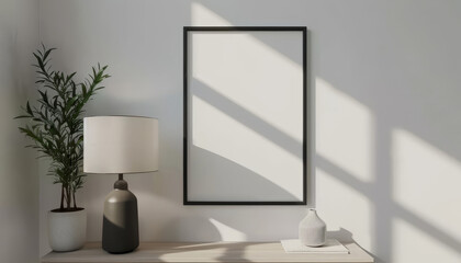 Modern Black Frame Mockup Featuring Lamp and Plant in Minimalist Interior Design Setting