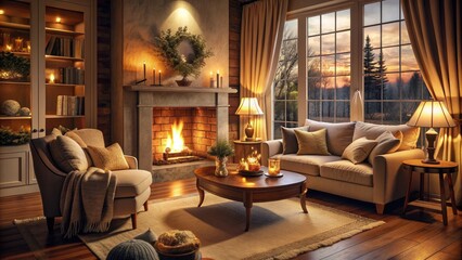 Cozy living room scene with warm golden lighting, crackling flames, and plush furnishings, evoking feelings of comfort and relaxation on a cold winter evening.