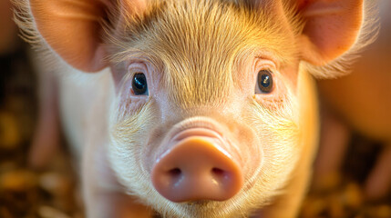 The piglet's wide, curious eyes capture the essence of innocence and wonder as it looks directly at the camera, radiating pure joy