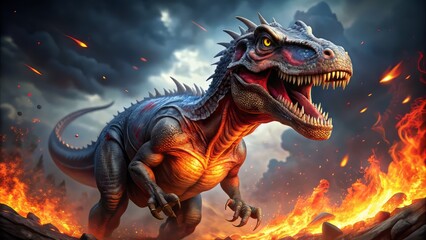 A fiery predator's gaze pierces the air, red eyes blazing with intensity, razor-sharp claws extended, as flames and smoke swirl around its powerful, dynamic form.