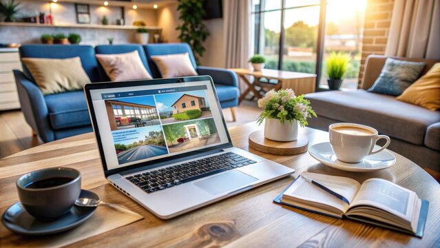 Cozy living room with a laptop open on a coffee table, displaying a real estate website, surrounded by papers and a cup of coffee.