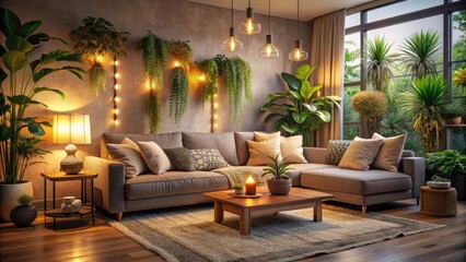 Obraz premium Cozy living room with plush couch, soft cushions, and warm lighting, surrounded by calming plants and soothing colors, inviting relaxation and tranquility.