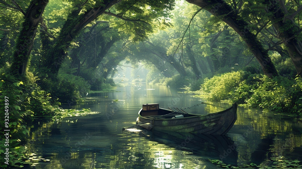 Aufkleber a boat glides peacefully along a tranquil river surrounded by dense greenery, illuminated by gentle 