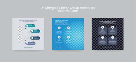 EV charging station social media post, Instagram post for ev charging marketing, promotional, Set of Instagram posts for e-commerce, EV charging station, renewable energy social media post EPS vector 