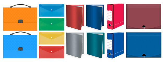 Business folders collection in different design, colors and shapes on white background 