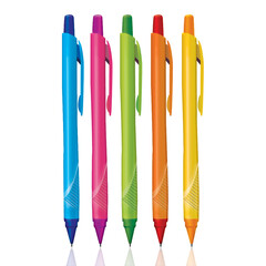 Collection of plastic ball pens in mix bright colors on white background in vertical composition